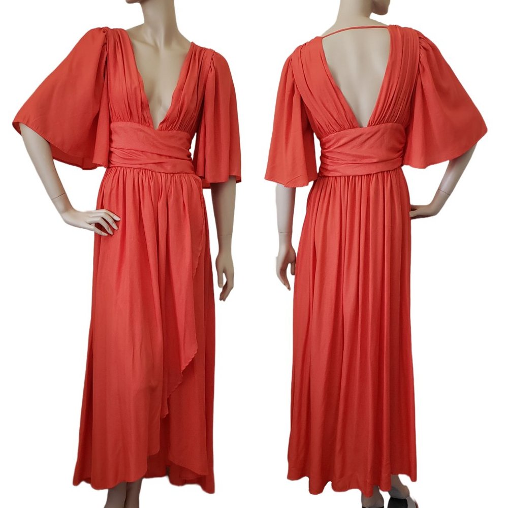 La'Ros Flutter Sleeve Plunge V-neck Maxi Dress SZ S Tomato Red